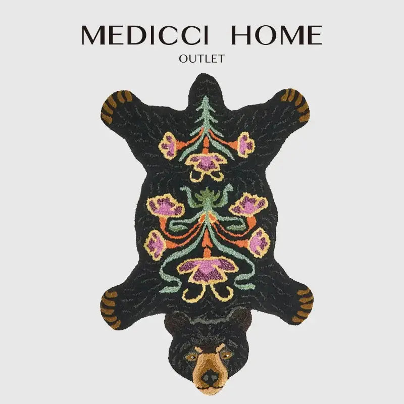 Boho black bear rug floral embroidered bedroom area carpet