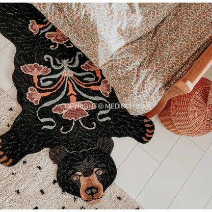 Boho black bear rug floral embroidered bedroom area carpet