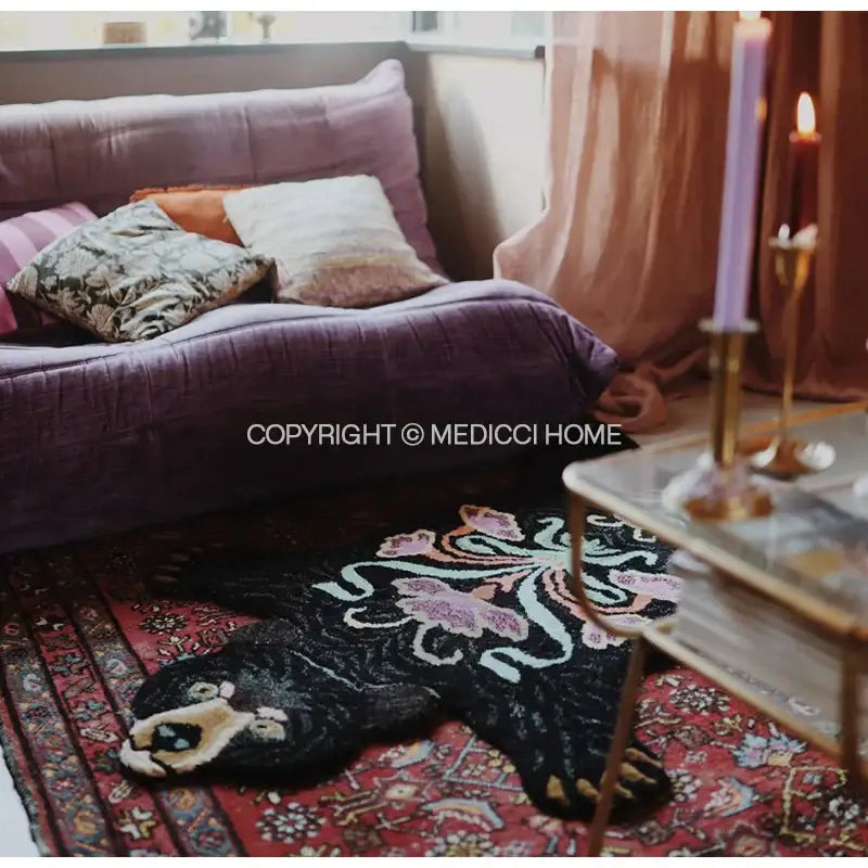 Boho black bear rug floral embroidered bedroom area carpet