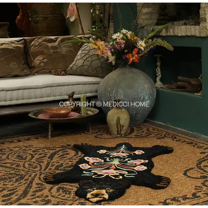Boho black bear rug floral embroidered bedroom area carpet