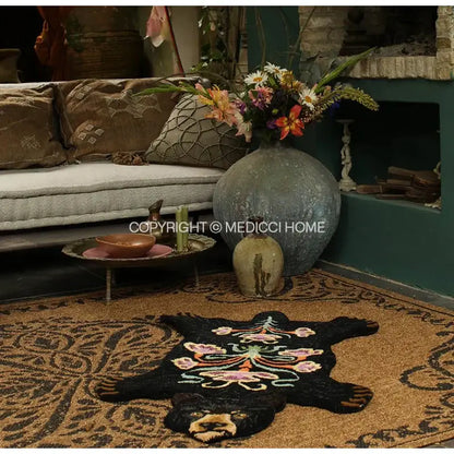 Boho black bear rug floral embroidered bedroom area carpet