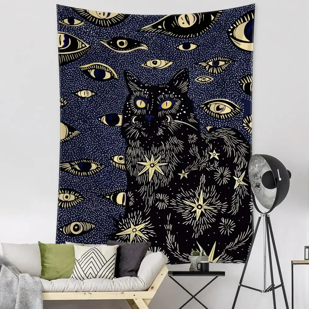 Boho black & gold cat eyes tapestry bedroom celestial wall decor