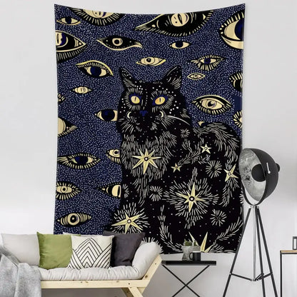 Boho black & gold cat eyes tapestry bedroom celestial wall decor