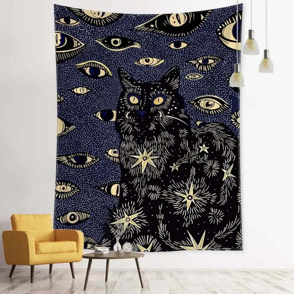 Boho black & gold cat eyes tapestry bedroom celestial wall decor