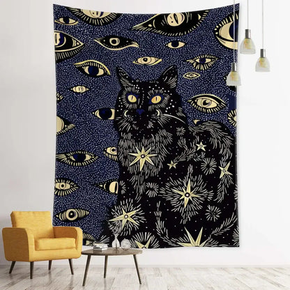 Boho black & gold cat eyes tapestry bedroom celestial wall decor