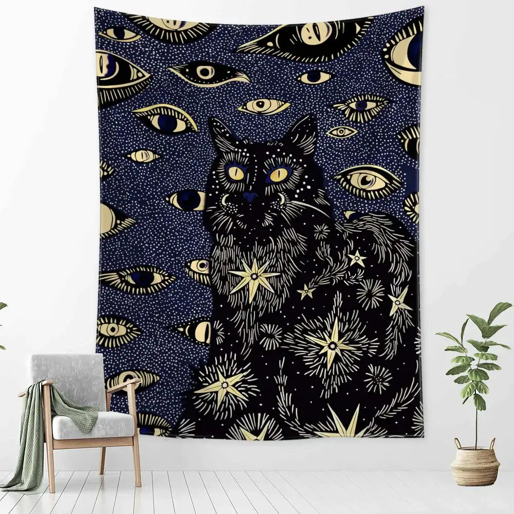 Boho black & gold cat eyes tapestry bedroom celestial wall decor