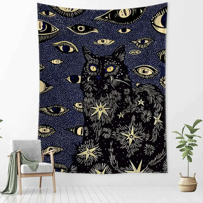 Boho black & gold cat eyes tapestry bedroom celestial wall decor