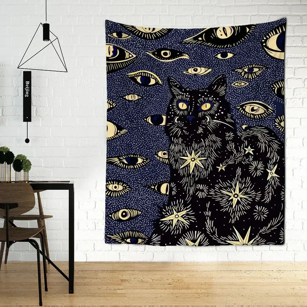 Boho black & gold cat eyes tapestry bedroom celestial wall decor