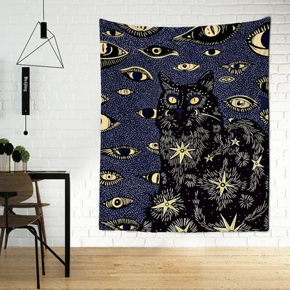 Boho black & gold cat eyes tapestry bedroom celestial wall decor