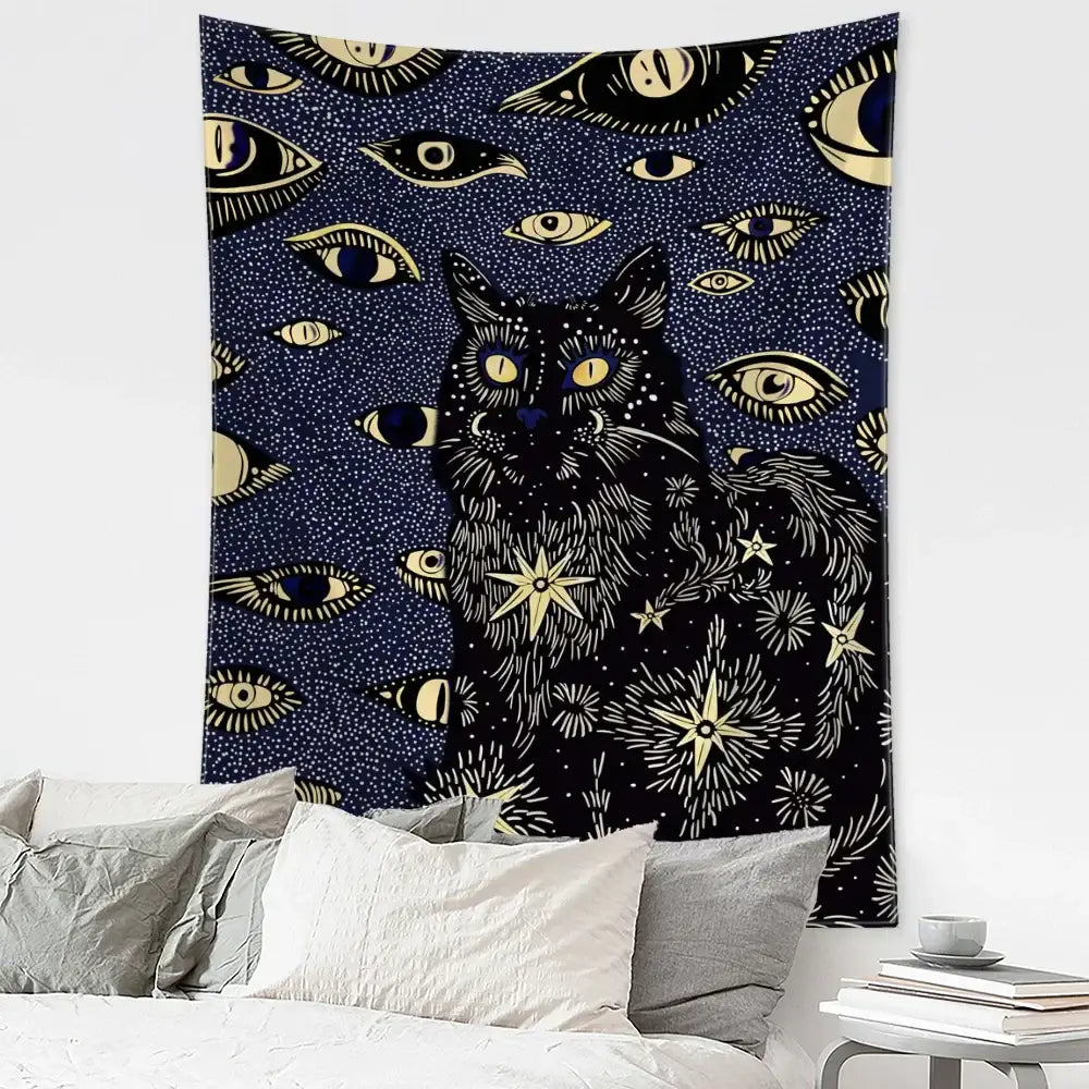 Boho black & gold cat eyes tapestry bedroom celestial wall decor