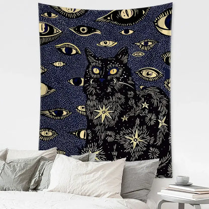 Boho black & gold cat eyes tapestry bedroom celestial wall decor