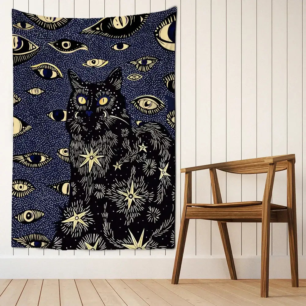 Boho black & gold cat eyes tapestry bedroom celestial wall decor