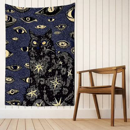 Boho black & gold cat eyes tapestry bedroom celestial wall decor