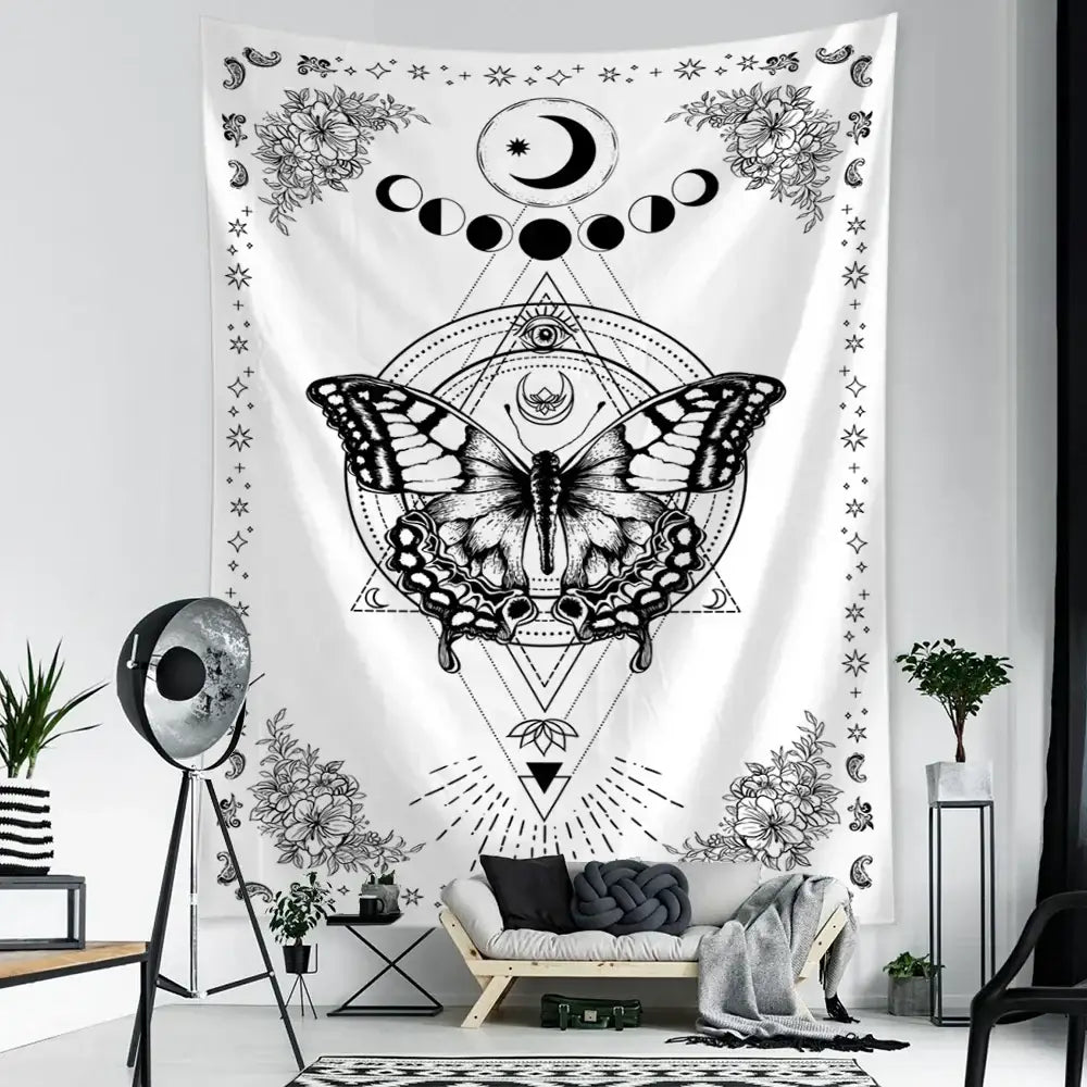 Boho black & white geometric butterfly tapestry bedroom wall hanging
