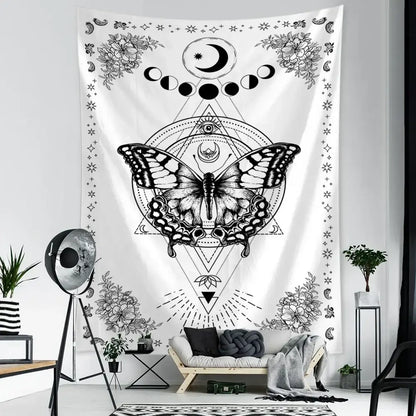 Boho black & white geometric butterfly tapestry bedroom wall hanging