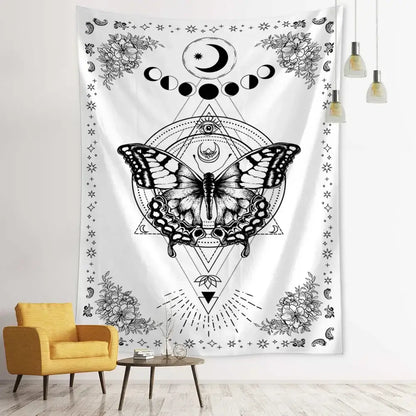 Boho black & white geometric butterfly tapestry bedroom wall hanging