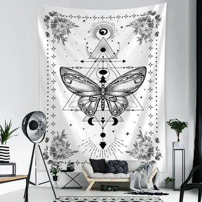 Boho black & white geometric butterfly tapestry bedroom wall hanging