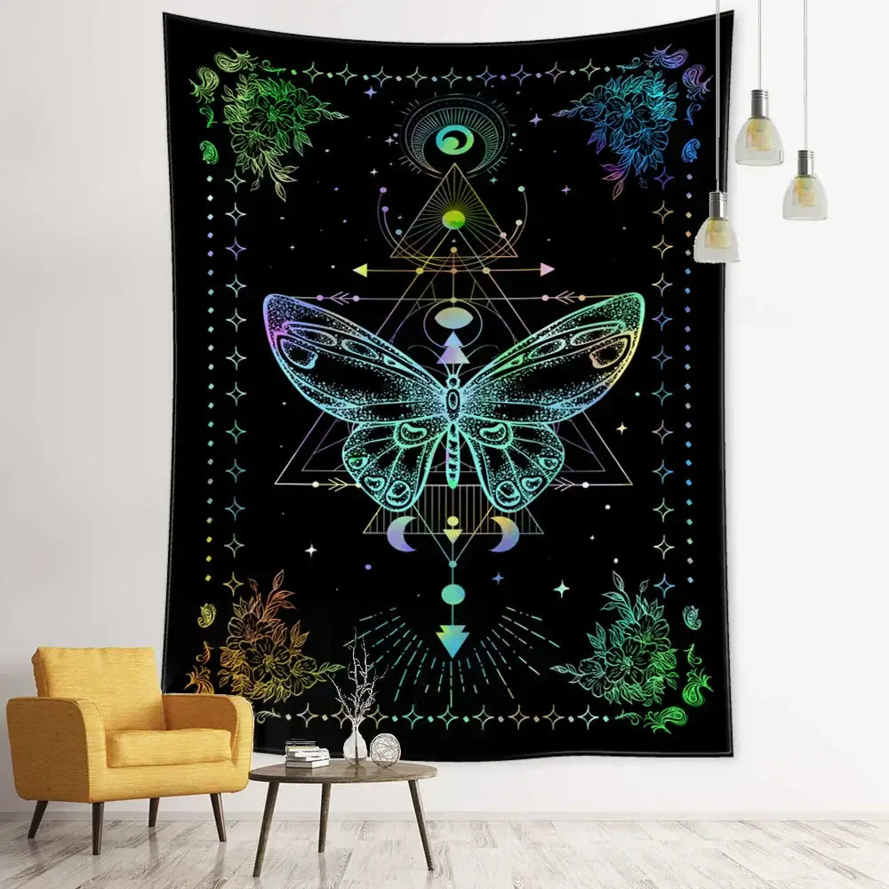 Boho black & white geometric butterfly tapestry bedroom wall hanging