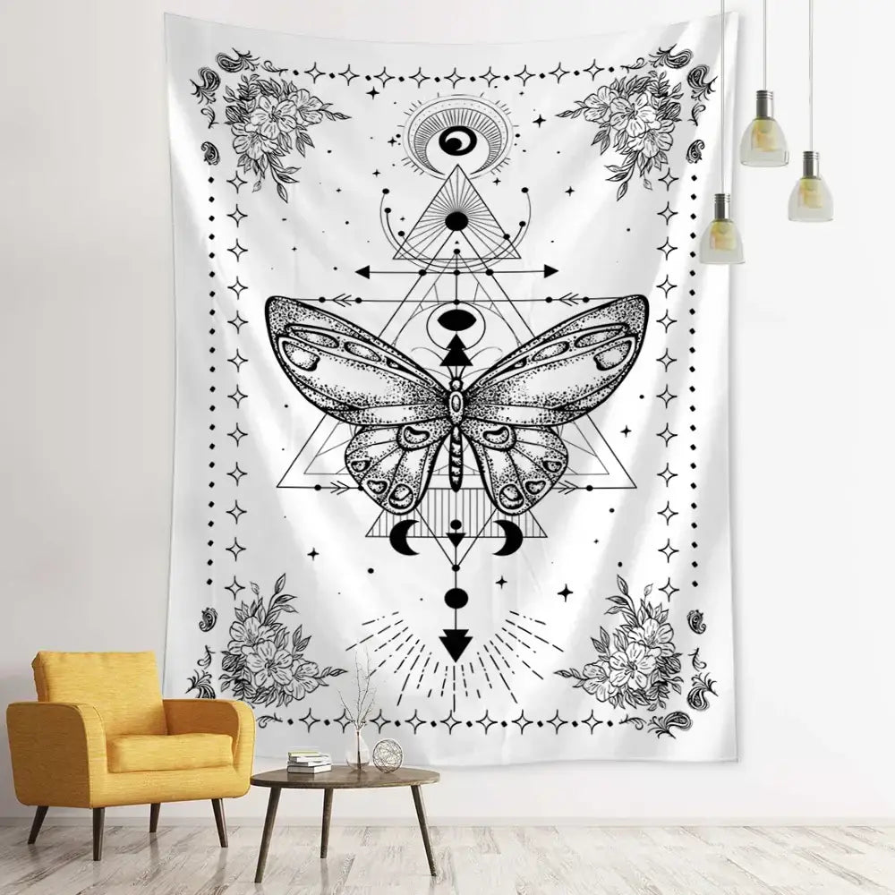 Boho black & white geometric butterfly tapestry bedroom wall hanging