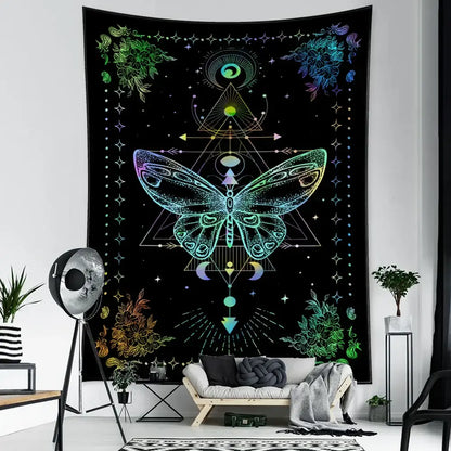 Boho black & white geometric butterfly tapestry bedroom wall hanging