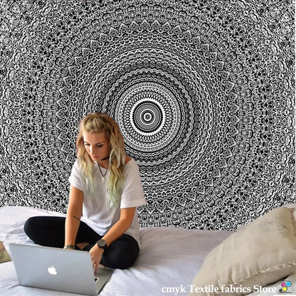 Boho black & white mandala tapestry bedroom wall hanging