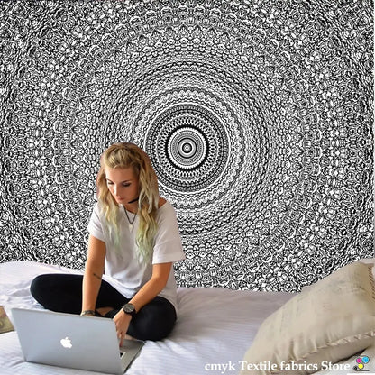Boho black & white mandala tapestry bedroom wall hanging
