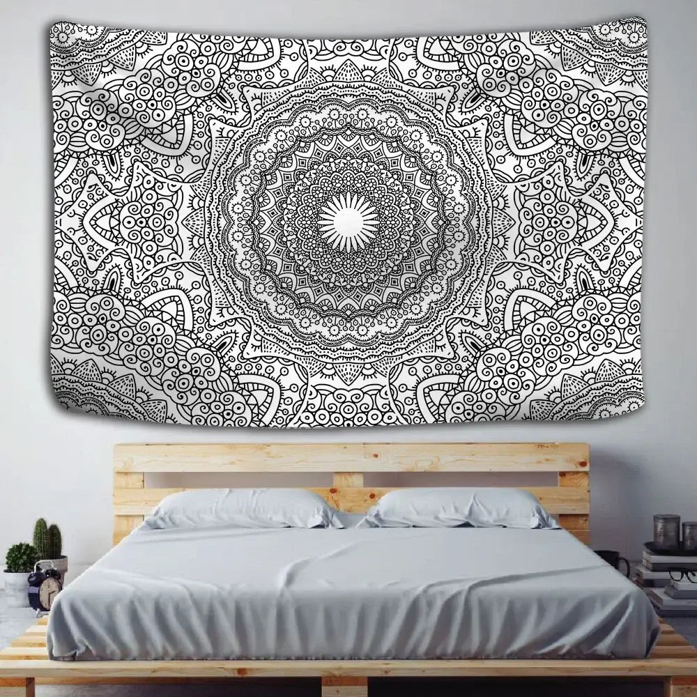 Boho black & white mandala tapestry bedroom wall hanging