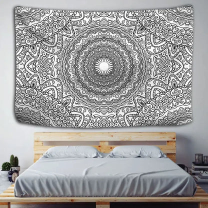 Boho black & white mandala tapestry bedroom wall hanging