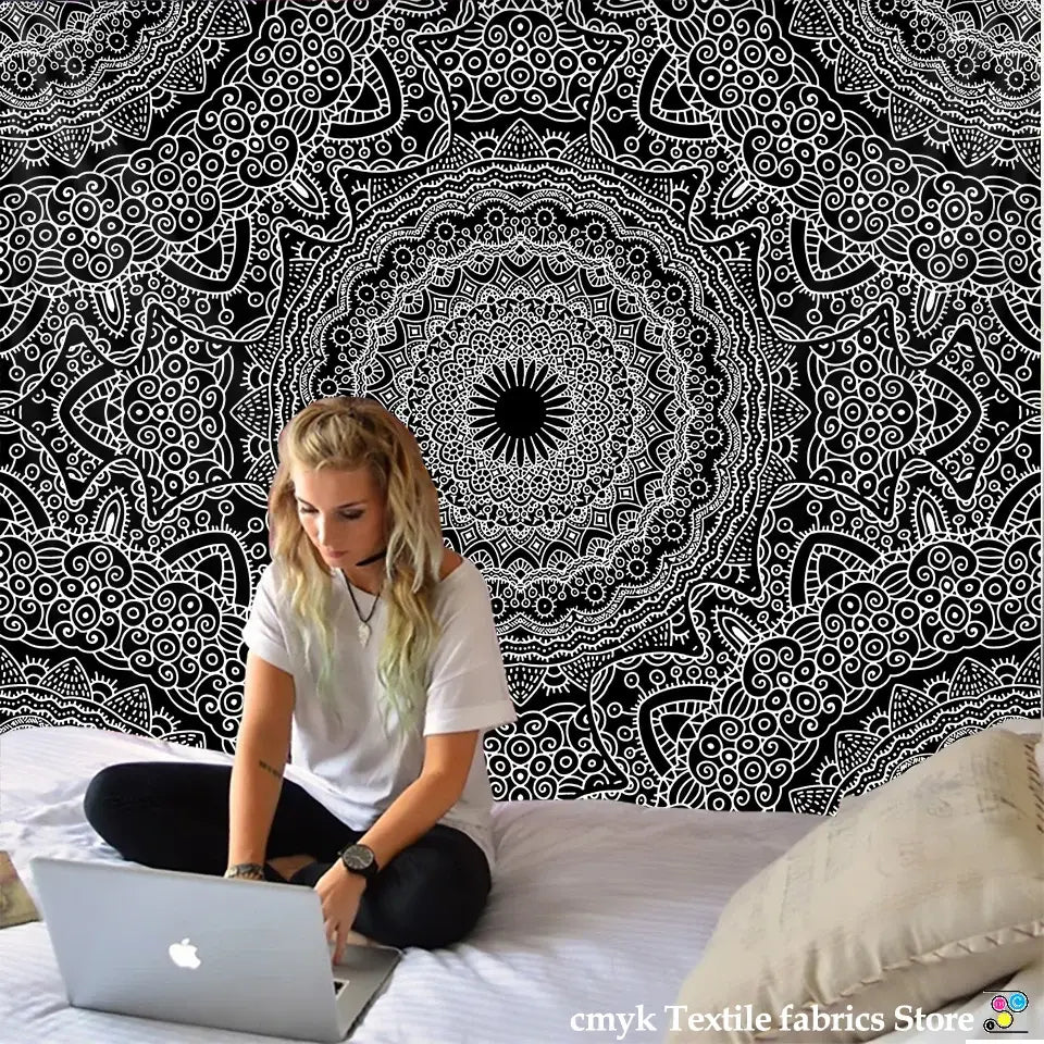 Boho black & white mandala tapestry bedroom wall hanging
