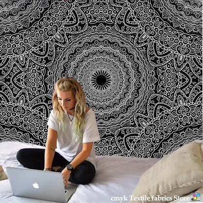 Boho black & white mandala tapestry bedroom wall hanging