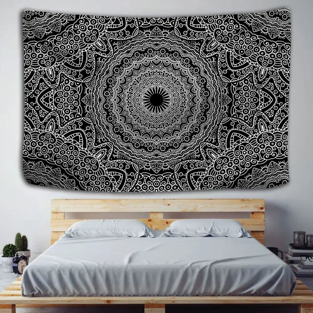 Boho black & white mandala tapestry bedroom wall hanging
