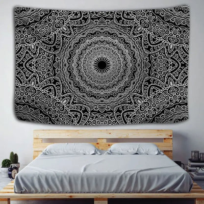 Boho black & white mandala tapestry bedroom wall hanging