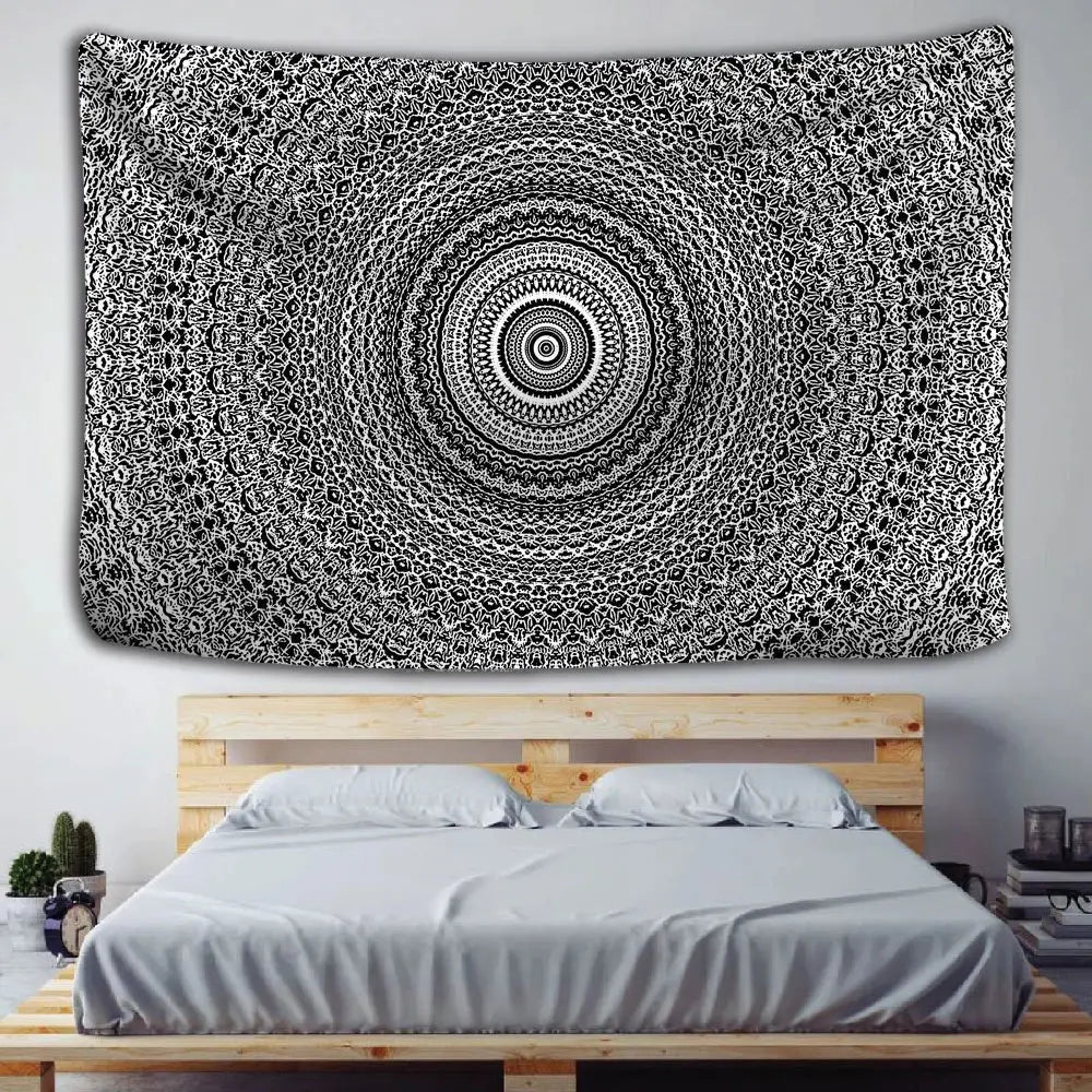 Boho black & white mandala tapestry bedroom wall hanging