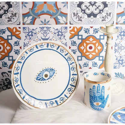 Boho blue and gold bright eyes ceramic dinner plate dining room