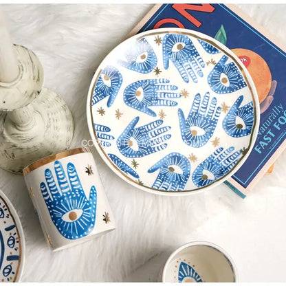 Boho blue and gold bright eyes ceramic dinner plate dining room