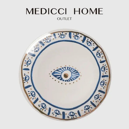 Boho blue and gold bright eyes ceramic dinner plate dining room