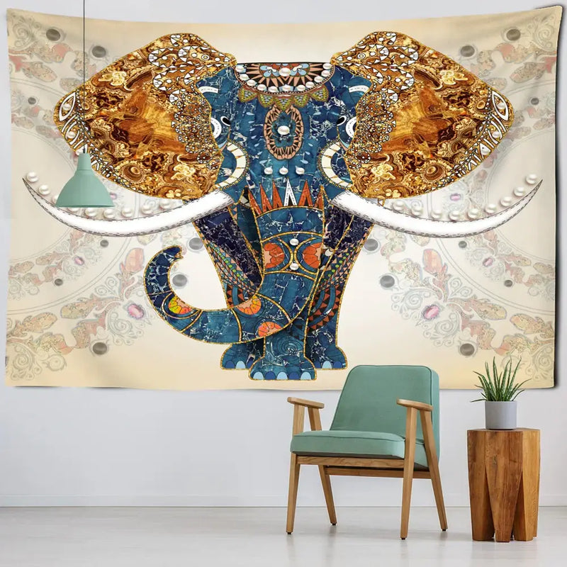 Boho blue and gold elephant mandala tapestry bedroom wall decor