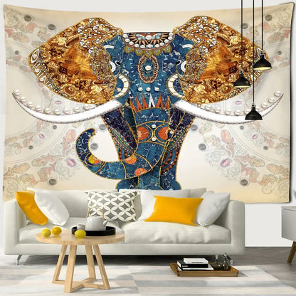 Boho blue and gold elephant mandala tapestry bedroom wall decor