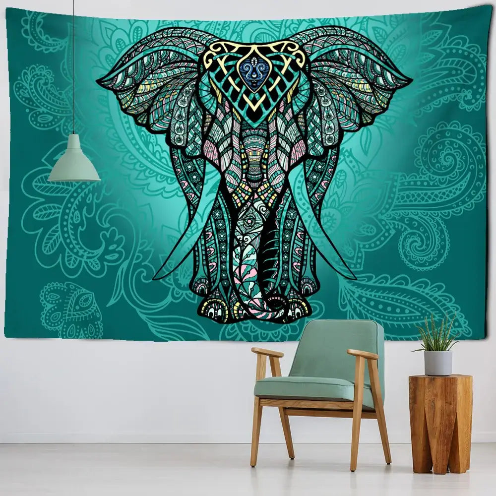 Boho blue and gold elephant mandala tapestry bedroom wall decor