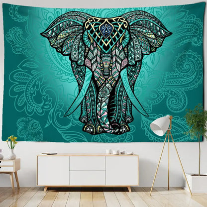 Boho blue and gold elephant mandala tapestry bedroom wall decor