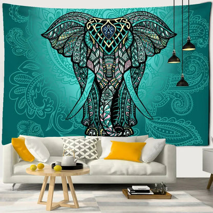 Boho blue and gold elephant mandala tapestry bedroom wall decor
