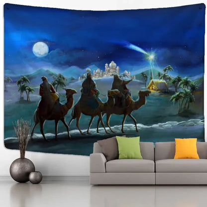 Boho blue camel starlight oil painting tapestry bedroom wall hanging