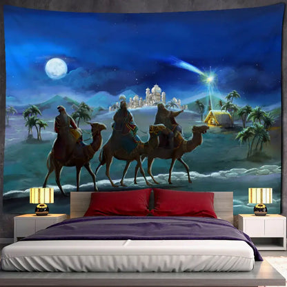 Boho blue camel starlight oil painting tapestry bedroom wall hanging