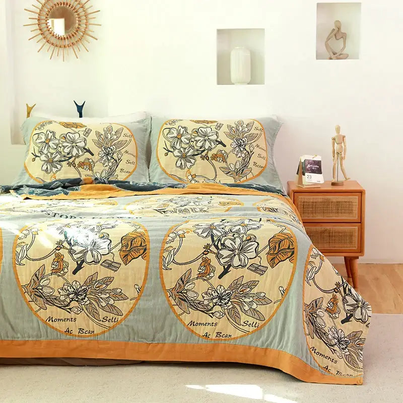Boho blue & cream quilted sofa chair cover blanket bedroom floral