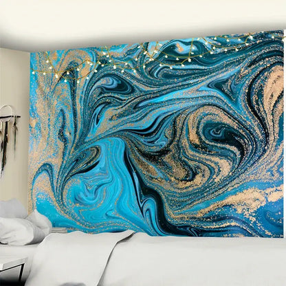 Boho blue gouache line marbled tapestry bedroom wall hanging