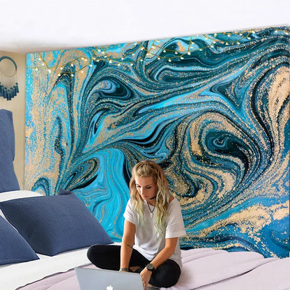 Boho blue gouache line marbled tapestry bedroom wall hanging