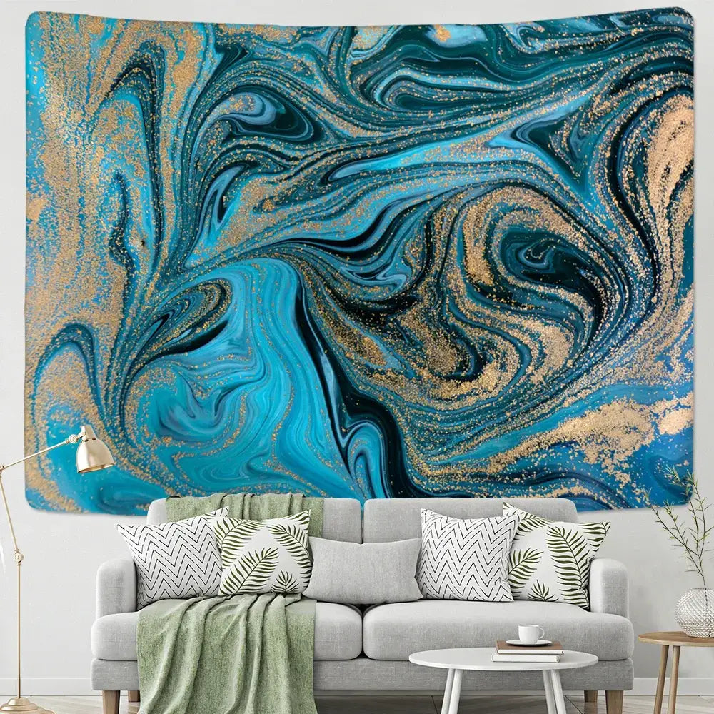 Boho blue gouache line marbled tapestry bedroom wall hanging