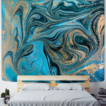Boho blue gouache line marbled tapestry bedroom wall hanging