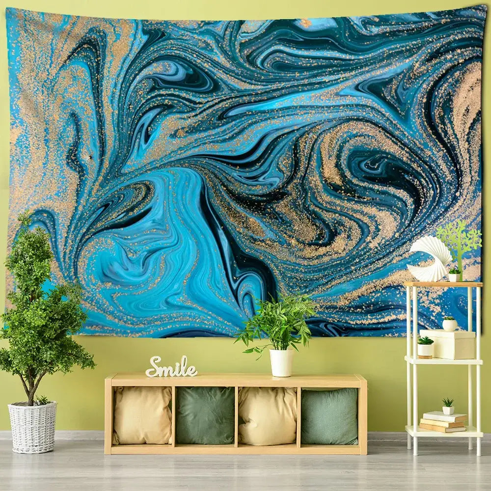 Boho blue gouache line marbled tapestry bedroom wall hanging