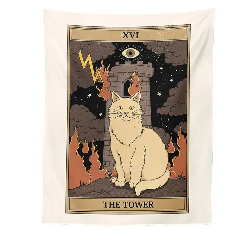 Boho cat divination tarot card tapestry bedroom wall hanging